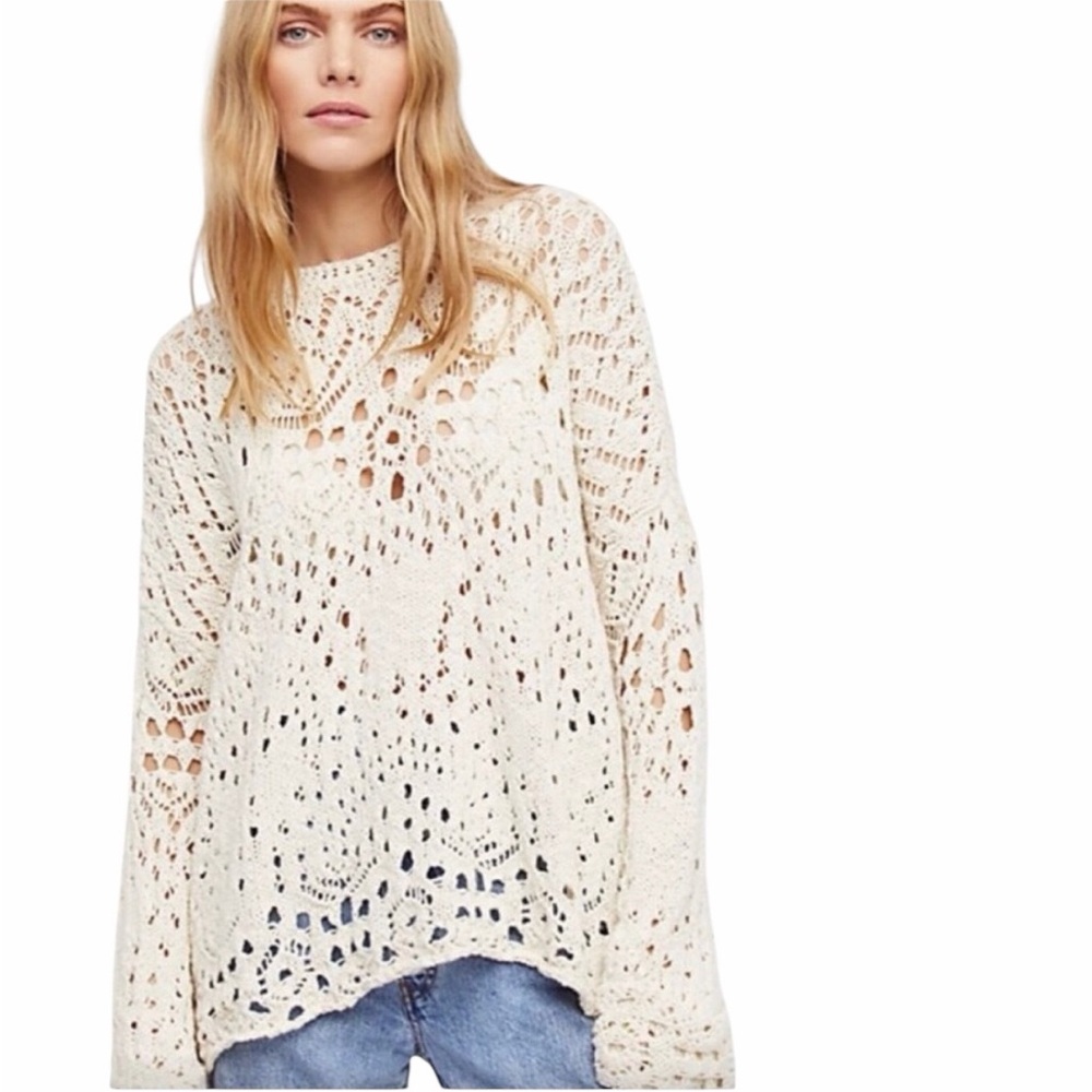 Free People Traveling Cream Crochet Knit Sweater Cream Boho Bell Sleeve Small
